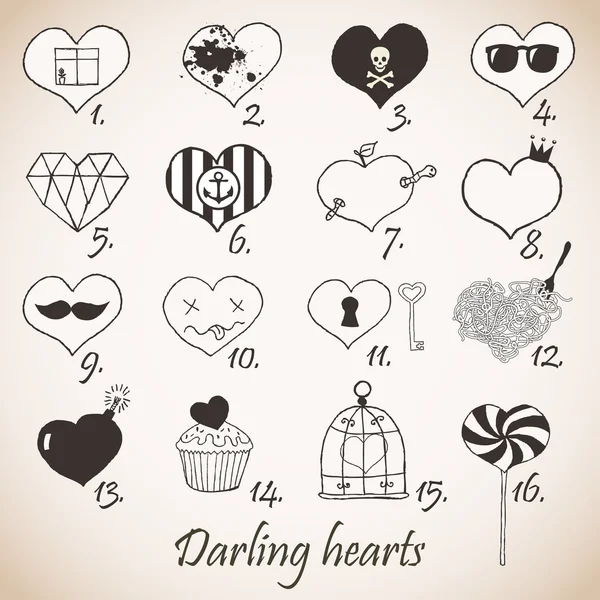 Set of stylized hand drawn hearts — Stock Vector