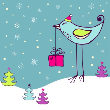 Retro Noel kartı ile dev kuş