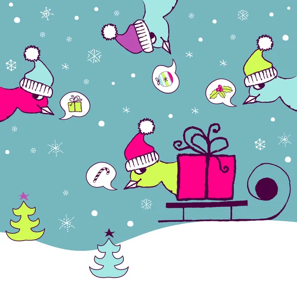 Carte de Noël joyeuse avec des oiseaux coquins — Image vectorielle