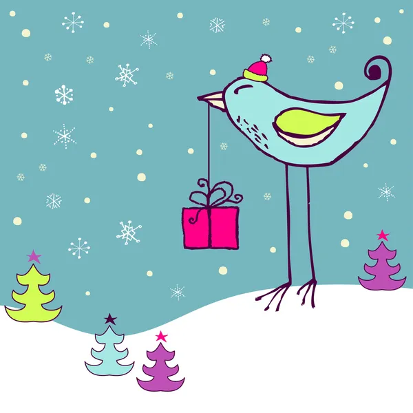 Tarjeta de Navidad retro con pájaro gigante — Vector de stock