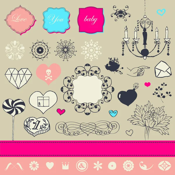 Precioso conjunto romántico para su diseño — Vector de stock