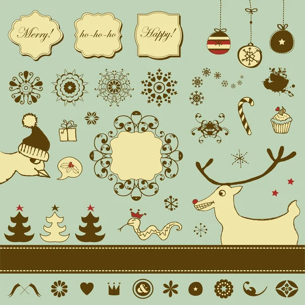 Vintage christmas-set met grappige dieren — Stockvector