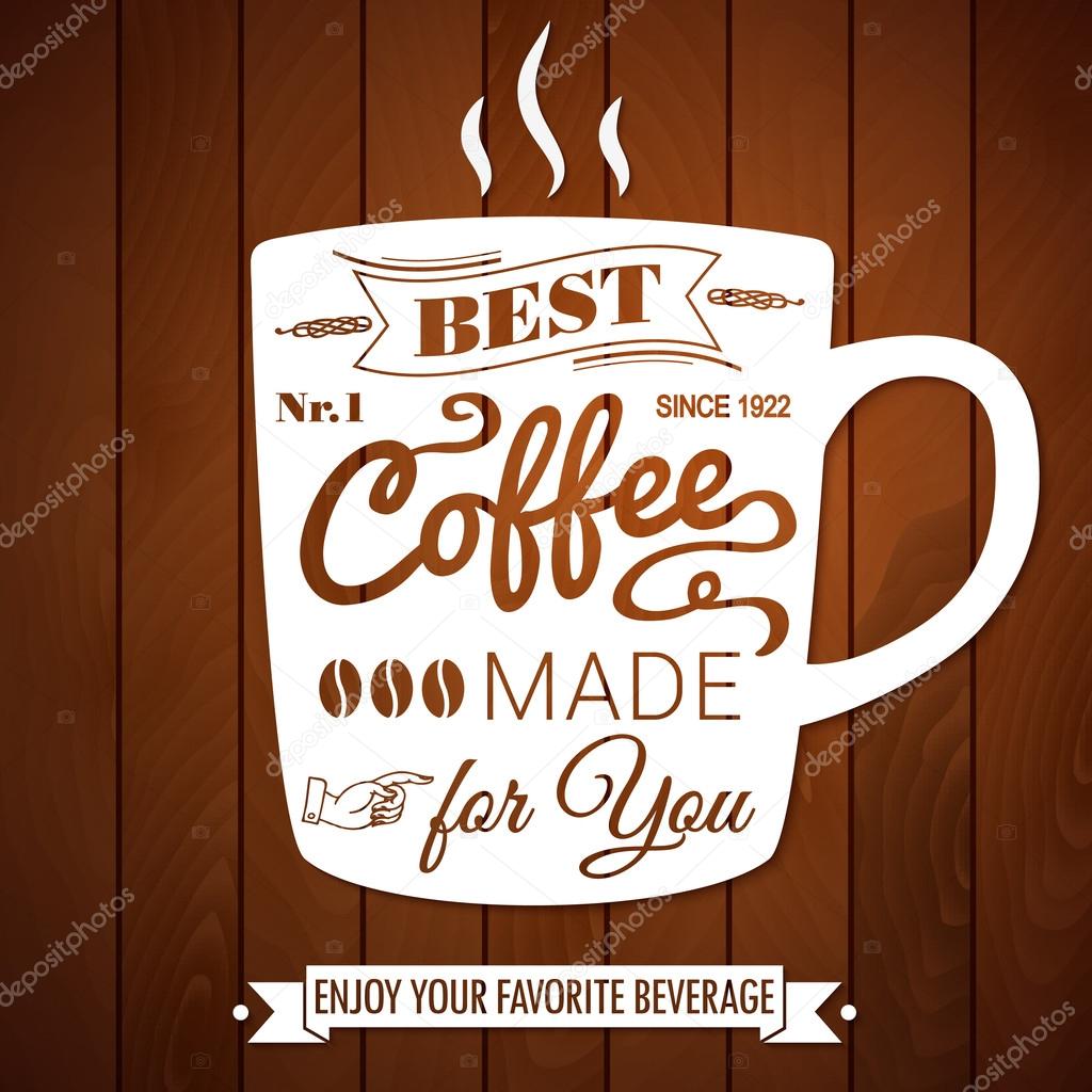 Vintage coffee poster on a dark wooden background.