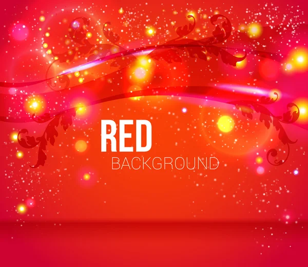 Red abstract background with leafs, glitter, waves. — Stock Vector