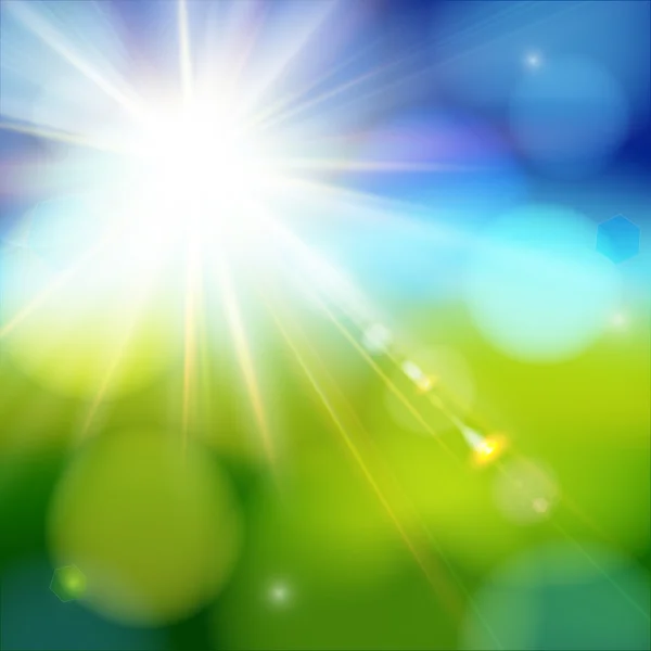 Helder stralende zon met lens flare. — Stockvector