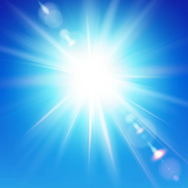 El sol brillante brilla sobre un fondo azul del cielo. Ilustración vectorial con efecto de destello de lente. — Archivo Imágenes Vectoriales