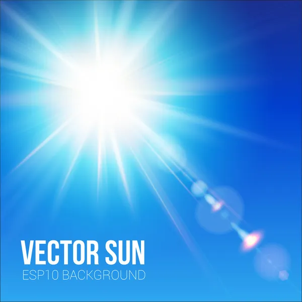 The bright sun shines on a blue sky background. Vector illustration with lens flare effect. — Stock Vector