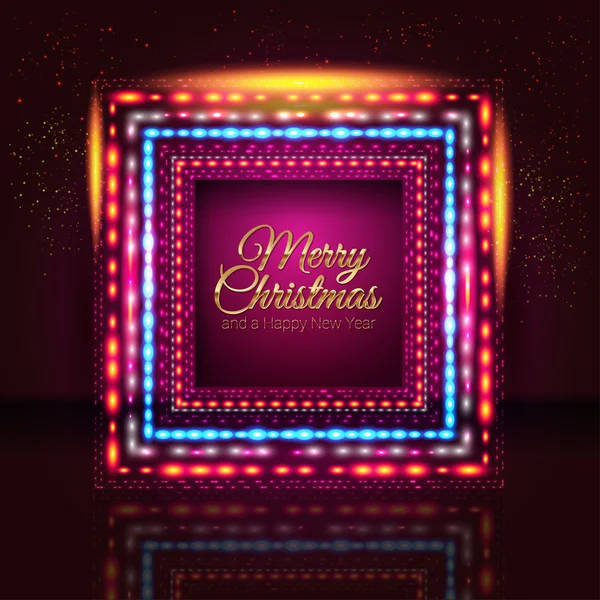 Merry Christmas and Happy New Year card with frame made of lights. — Stock Vector