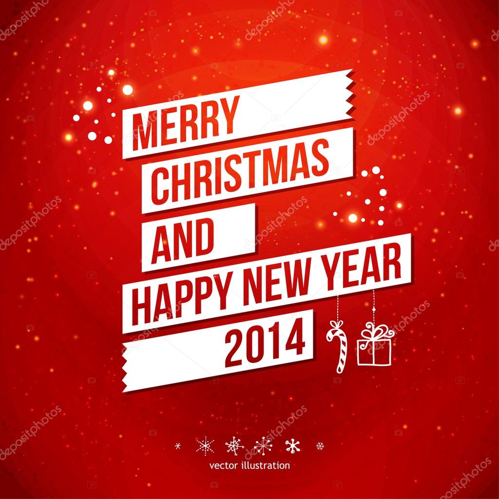 Merry Christmas and Happy New Year 2014 card. White ribbon, red background.