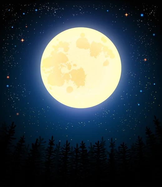 La luna llena brilla en un bosque de pinos. Ilustración de vectores retro . — Archivo Imágenes Vectoriales