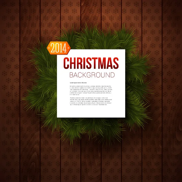 Merry Christmas paper note with place for Your text. Wooden panel and realistic fir. Use it for Your winter holidays design. — Stock Vector