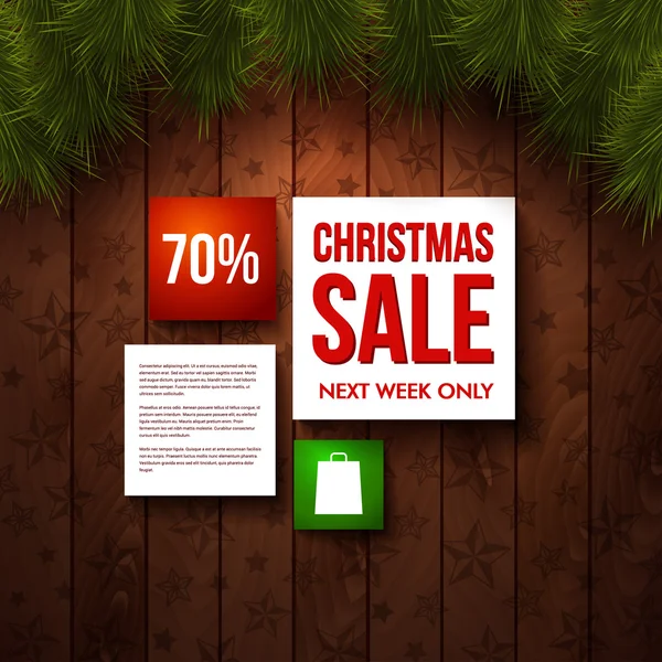 Modèle de conception de vente de Noël. Fond en bois, sapin réaliste. Utilisez-le pour vos vacances d'hiver design . — Image vectorielle