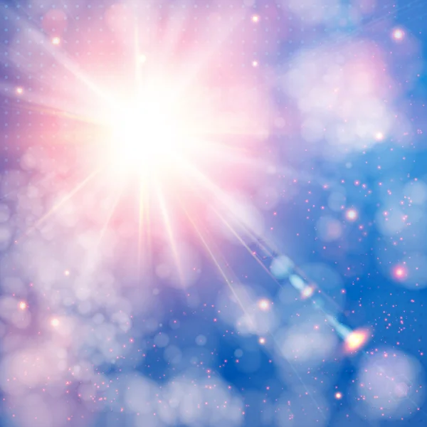 Sol brillante con destello de lente. Fondo suave con efecto bokeh . — Vector de stock