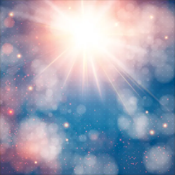 Sol brillante con destello de lente. Fondo suave con efecto bokeh . — Vector de stock