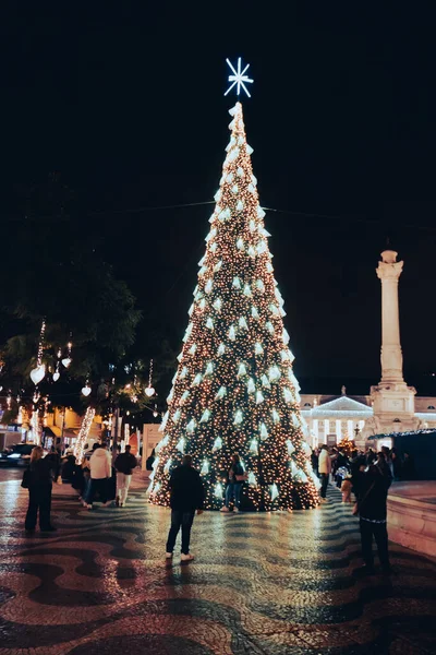 Christmas Tree Rossio Square Night Lisbon Portugal — Stock Photo, Image