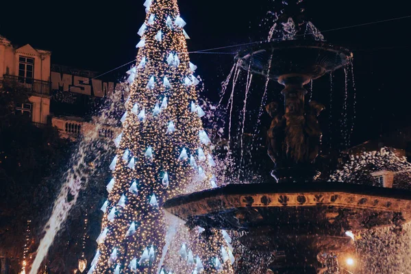Vánoční Stromek Náměstí Rossio Noci Lisabonu Portugalsko — Stock fotografie