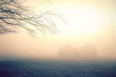 mysterious house in the forest with fog clipart