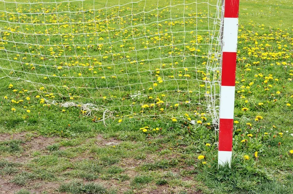 Futebol gol post e net na primavera — Fotografia de Stock