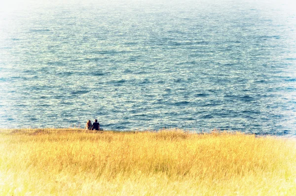 Casal sentado na grama perto do mar — Fotografia de Stock