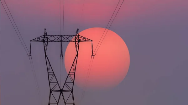 High Voltage Electricity Tower Silhouette Sunset Copy Space — Stock Photo, Image