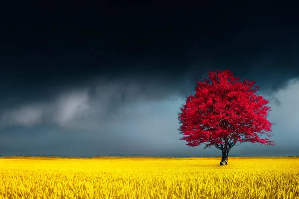 Красивый Пейзаж Одинокого Дерева Осенью Пшеничном Поле Против Грозовых Облаков — стоковое фото