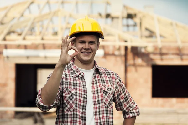 Bouw werknemer weergegeven: ok teken — Stockfoto