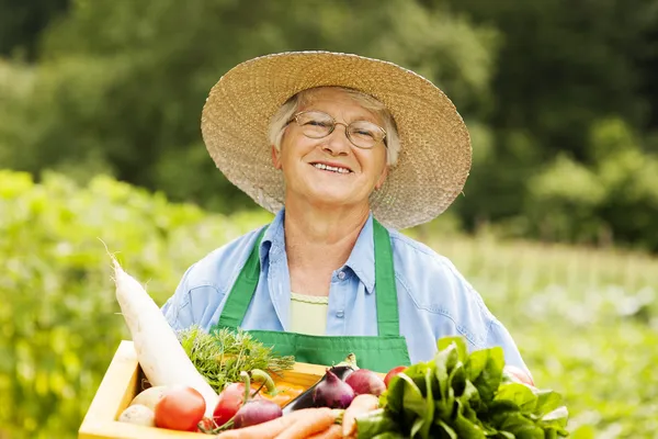 Vrouw met houten doos met plantaardige — Stockfoto