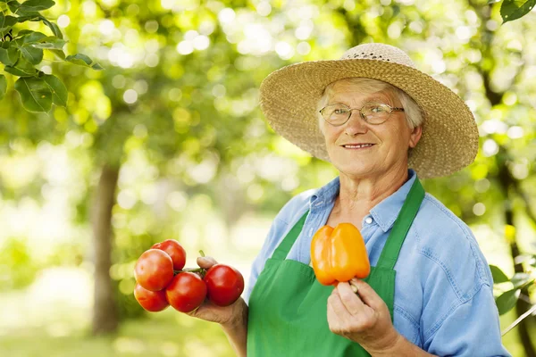 Woman holding tomatoes and yellow peppe — Stock Photo, Image