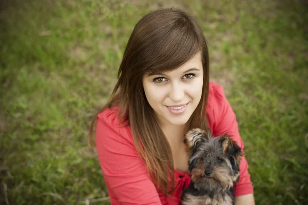 Mujer joven sosteniendo Yorkshire terrier —  Fotos de Stock