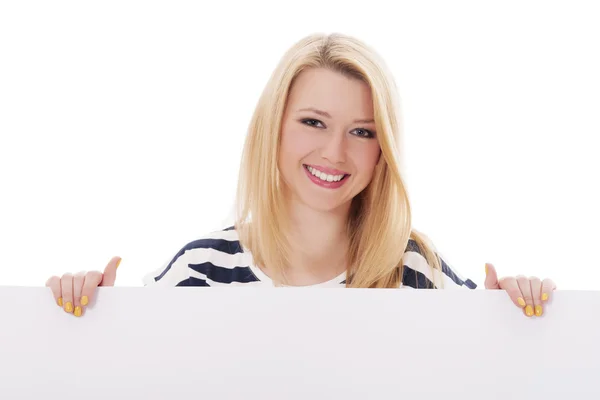 Unga blonda kvinnan med whiteboard — Stockfoto