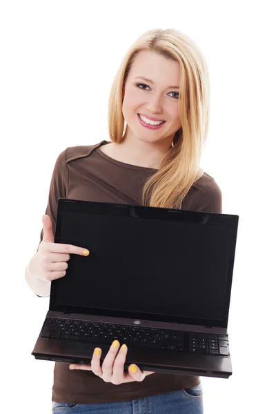 Young blonde woman pointing at her laptop — Stock Photo, Image