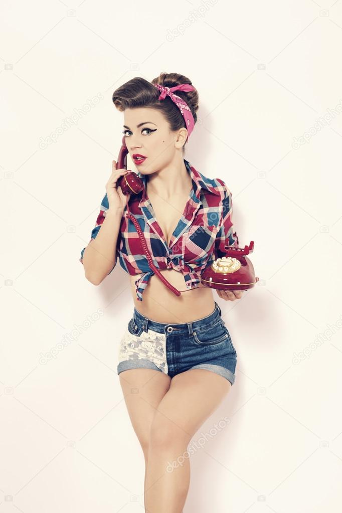1950s Bandana Hairstyles Sexy Woman On Retro Telephone Stock