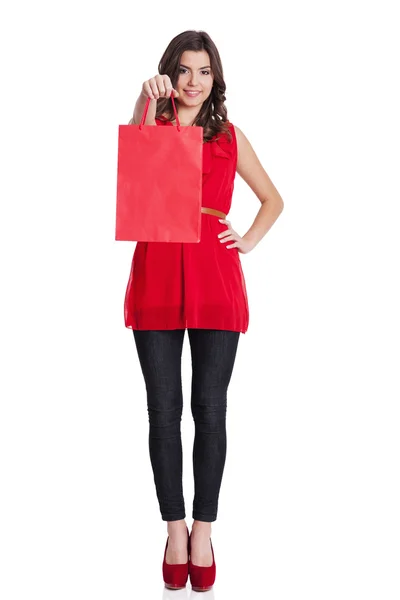 Kadın kırmızı bir çanta — Stok fotoğraf