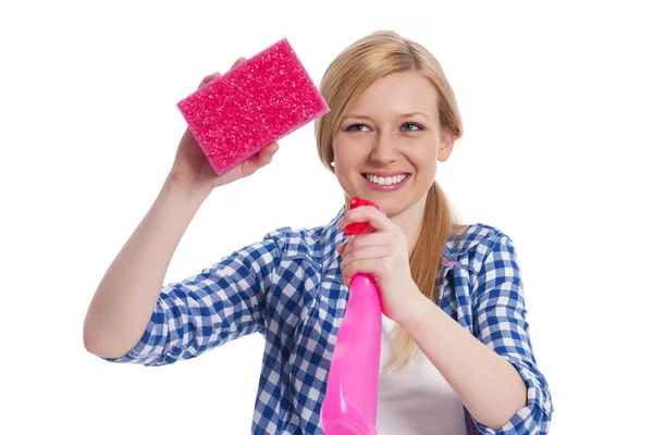 Jonge blonde vrouw houden een reinigingsapparatuur Stockfoto