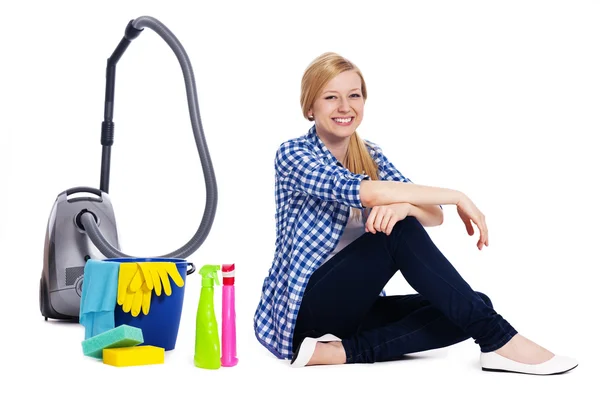 Portrait of sitting woman with accessories for cleaning — Stock Photo, Image