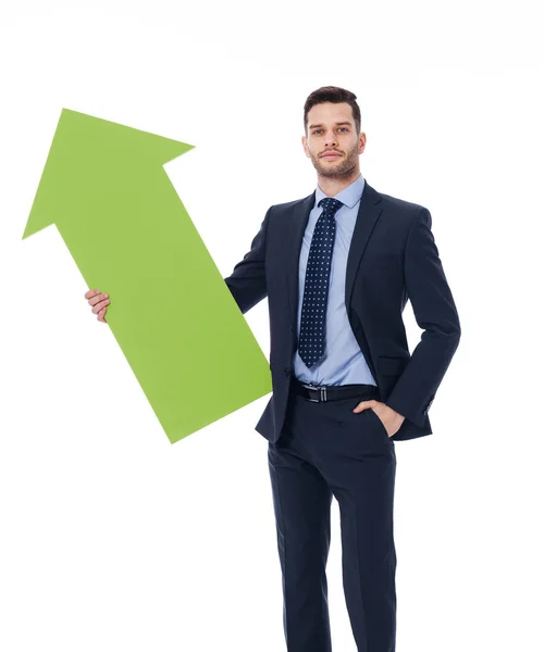 Focus van jonge mannelijke bedrijf groene teken van arro — Stockfoto