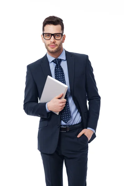 Hombre de negocios guapo en el trabajo con la tableta digital —  Fotos de Stock