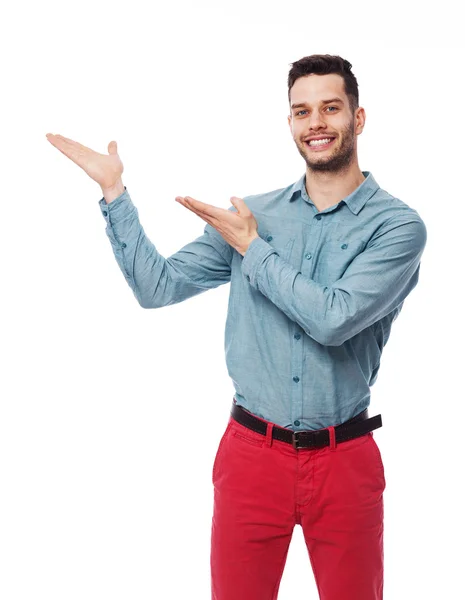 Feliz gesto masculino algo en el espacio de copia — Foto de Stock