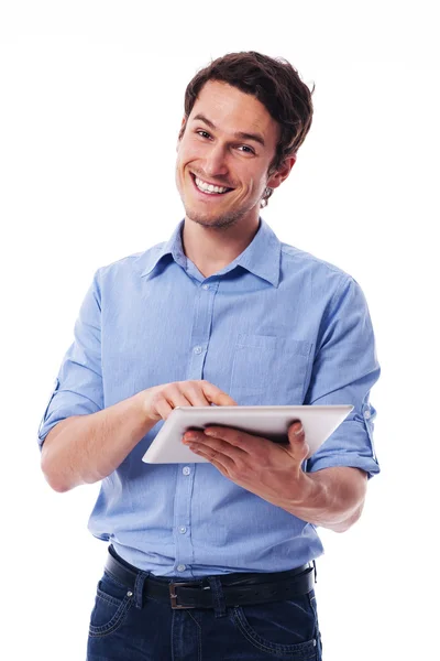 Bonito homem usando uma mesa digital — Fotografia de Stock