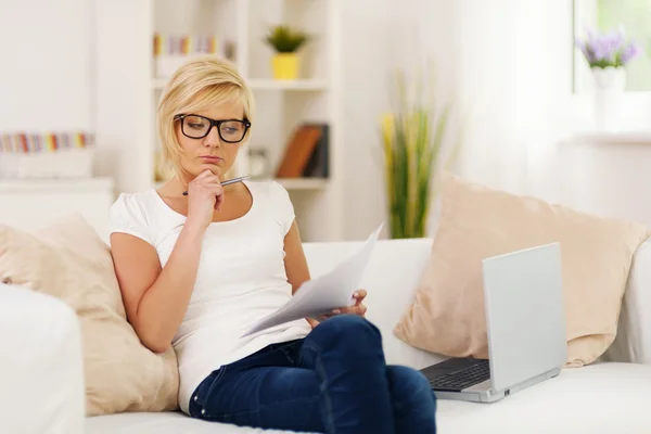 Pensive woman working at home — Stock Photo, Image