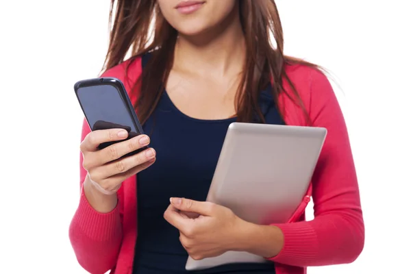 Close-up of woman with digital tablet and mobile phone — Stock Photo, Image