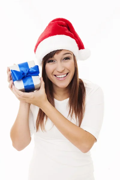 Santa girl holding christmas gift — Stock Photo, Image