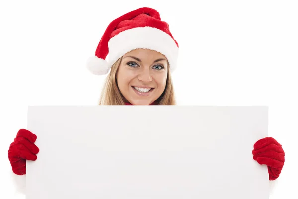 Christmas woman holding blank board — Stock Photo, Image