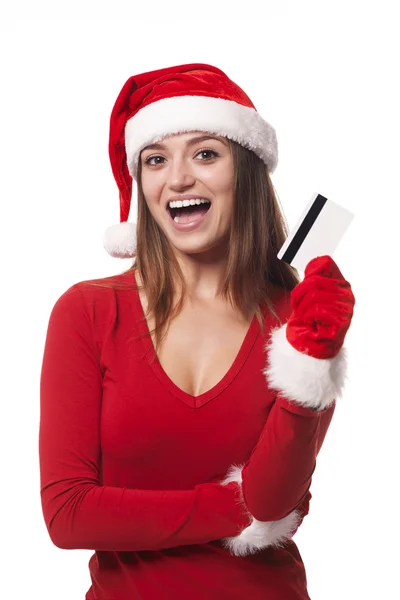 Kredi kartı ile alışveriş kadın Noel vakti — Stok fotoğraf