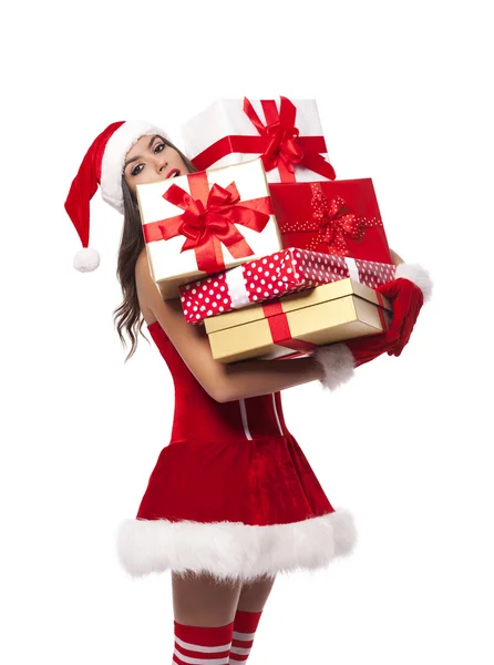 Sexy Mrs santa claus holding heavy stack — Stock Photo, Image