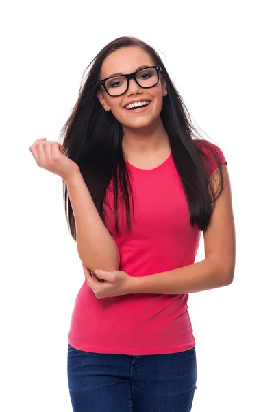 Portrait of smiling brunette woman wearing glasses — Stock Photo, Image
