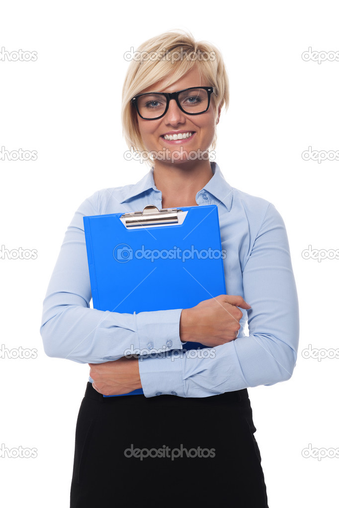 Businesswoman holding blue clipboard
