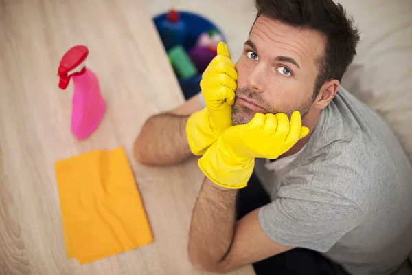 Sad man with cleaning equipment — Stock Photo, Image