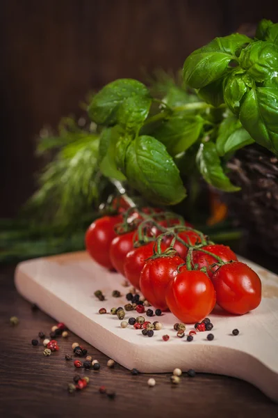 Gałązka pomidorów i świeżych ziół — Zdjęcie stockowe