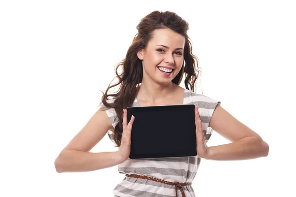 Woman showing screen of digital tablet — Stock Photo, Image